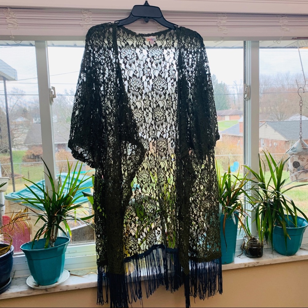 Lace jacket (olive green with blue fringe)